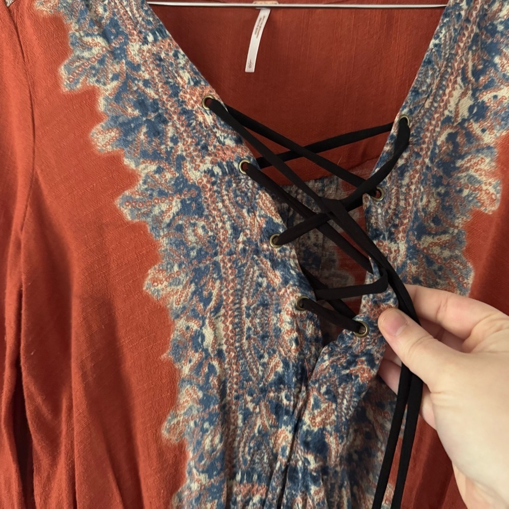 Free People Wildest Moment Rust Paisley Lace-Up Tunic Large Boho Romantic - Picture 6 of 16